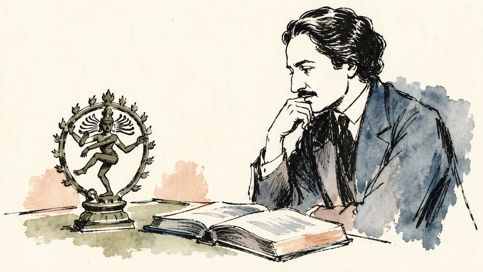 Retrato editorial ilustrado de Ananda K. Coomaraswamy observando uma peça de arte e um livro aberto