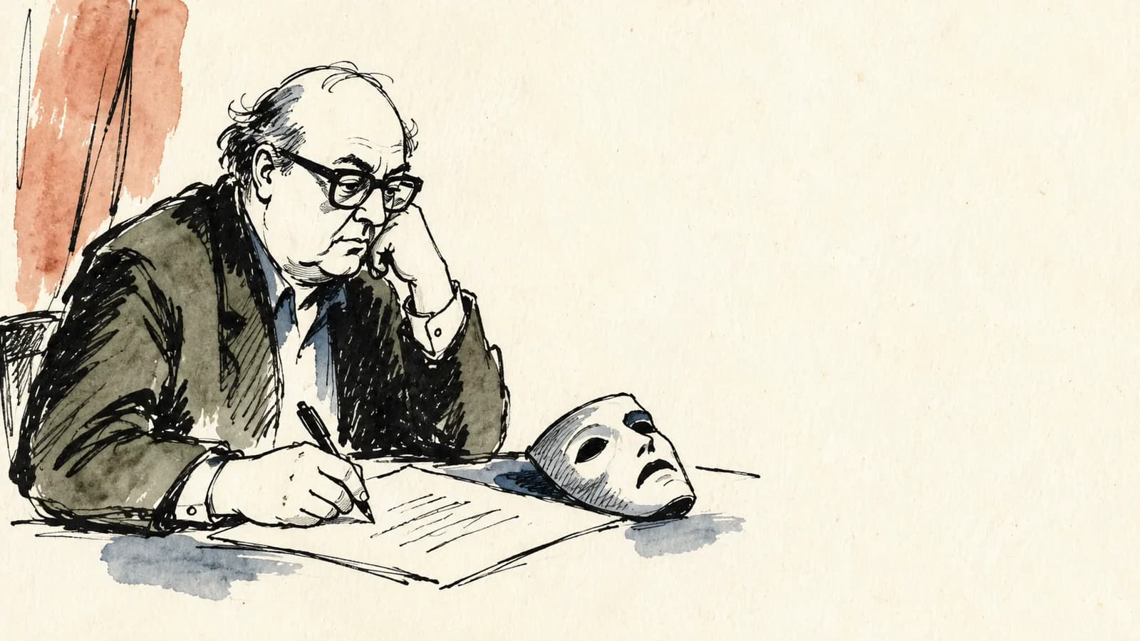 Retrato editorial ilustrado de Friedrich Dürrenmatt escrevendo junto a uma máscara de teatro