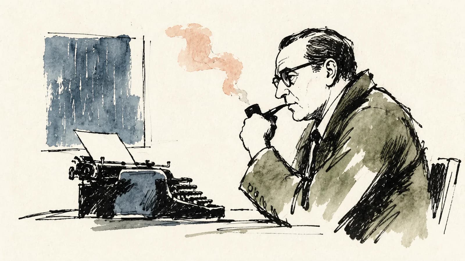 Retrato editorial ilustrado de Georges Simenon diante de uma máquina de escrever, com um cachimbo