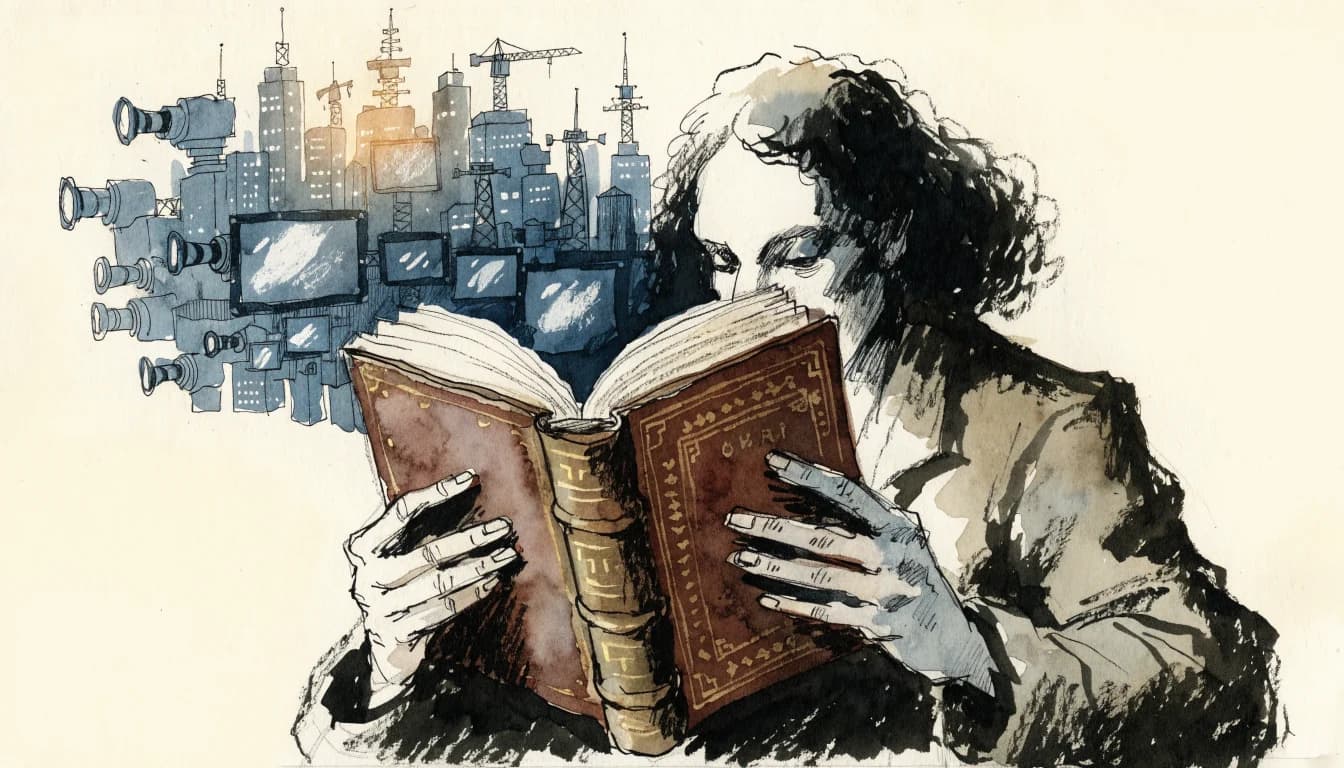 Ilustração de um leitor cujo romance projeta na parede a sombra de uma cidade contemporânea