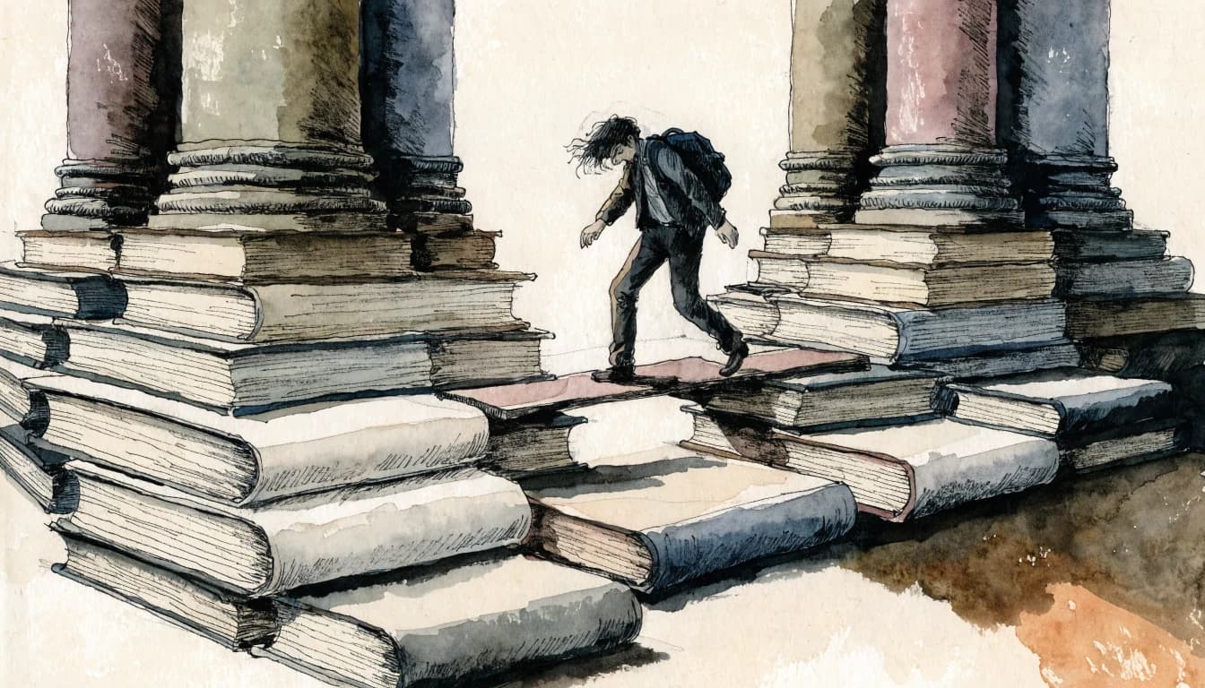 Ilustração de um estudante atravessando os degraus ausentes de uma escada de livros