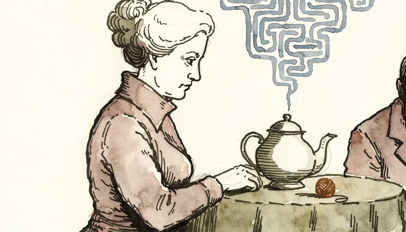 Ilustração de uma escritora ao chá, com o vapor formando um labirinto fechado