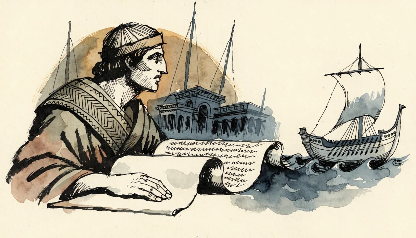 Ilustração de um poeta helenístico de cujo livro navega um pequeno Argos