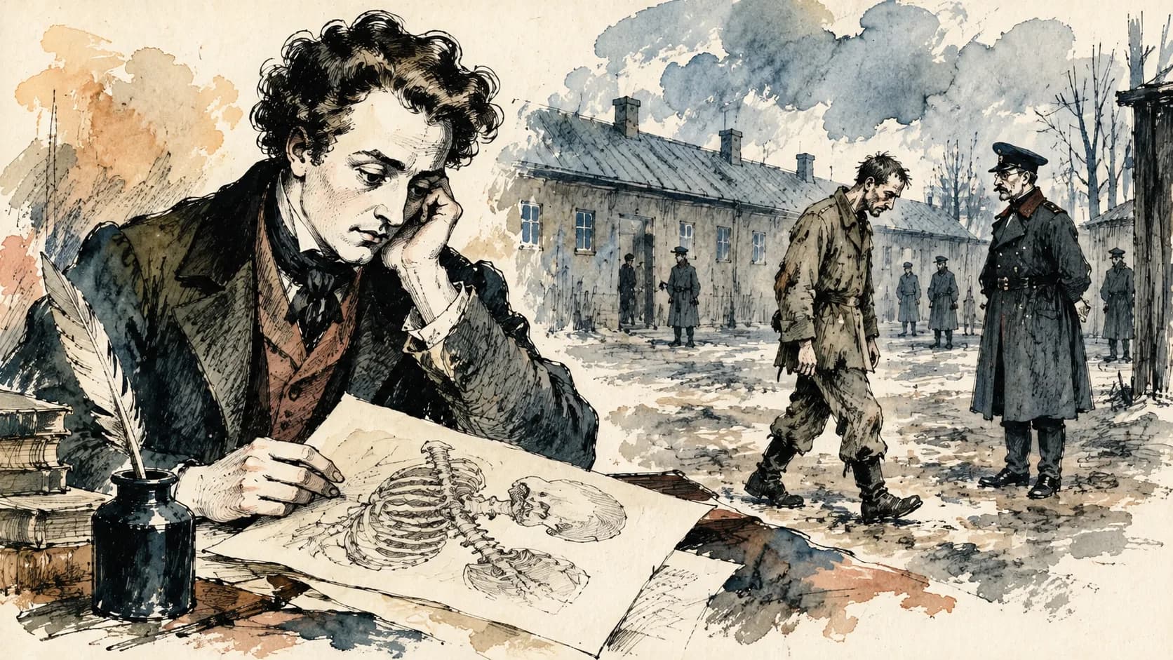 Ilustração editorial em aquarela do perfil de Georg Büchner