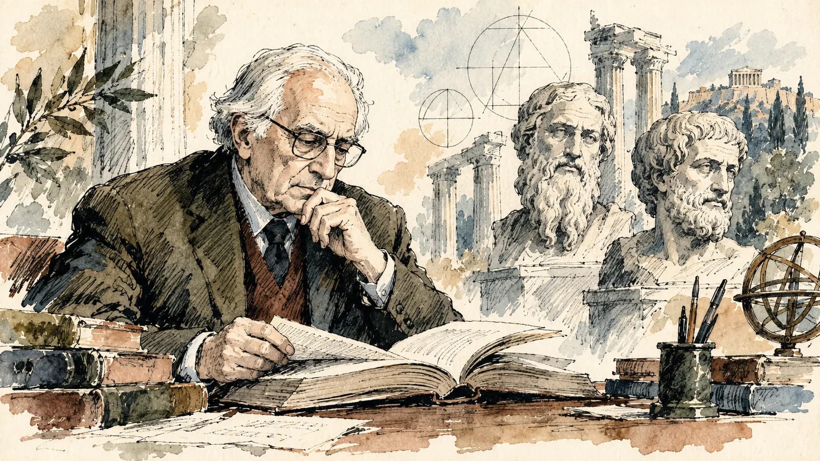 Ilustração editorial em aquarela do perfil de Giovanni Reale