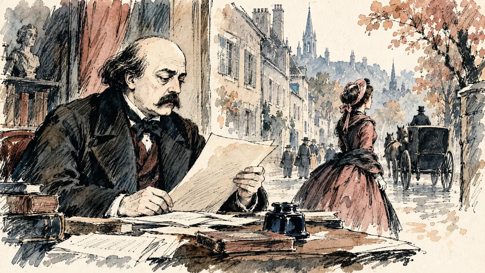 Ilustração editorial em aquarela do perfil de Gustave Flaubert