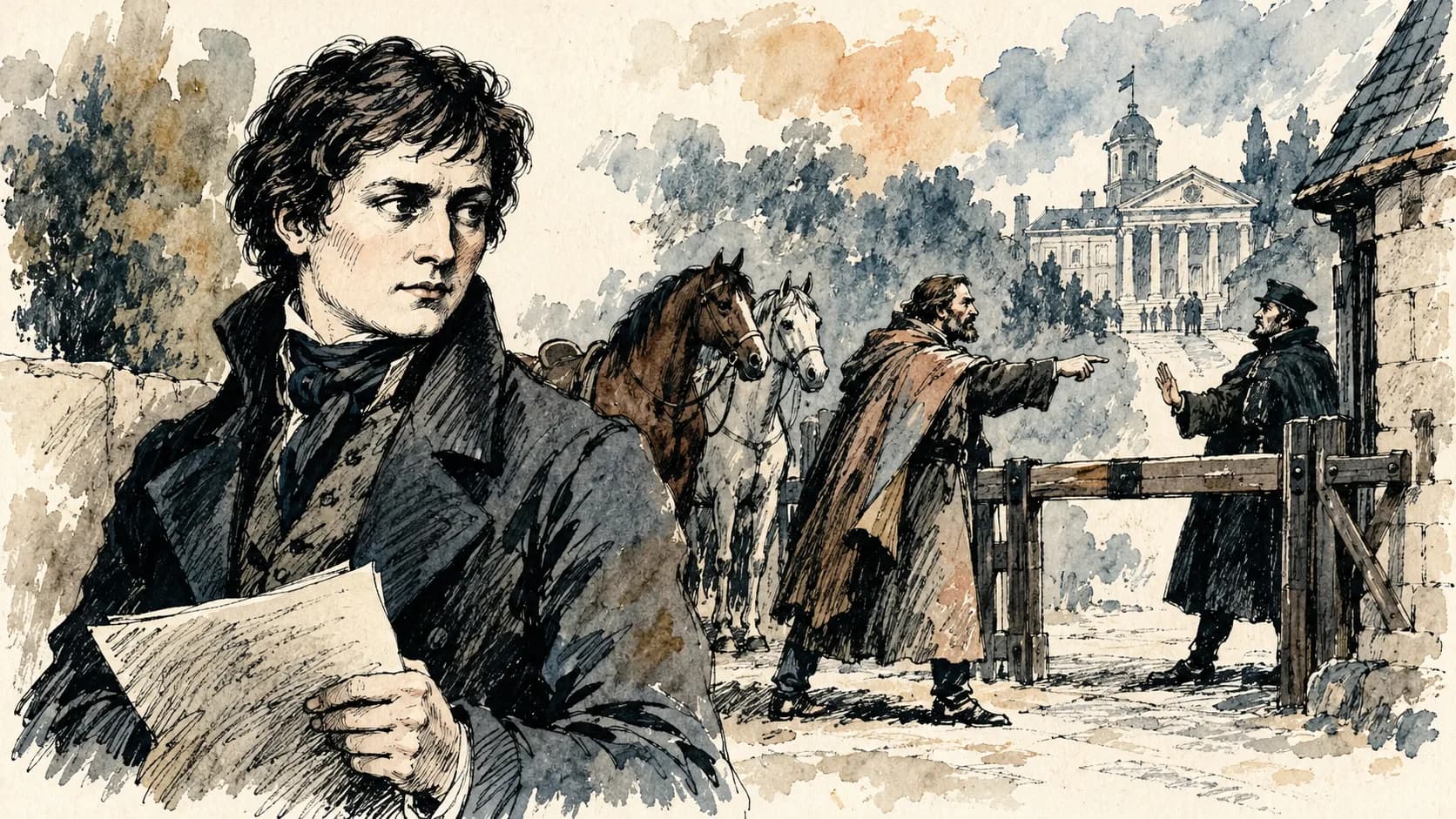 Ilustração editorial em aquarela do perfil de Heinrich von Kleist