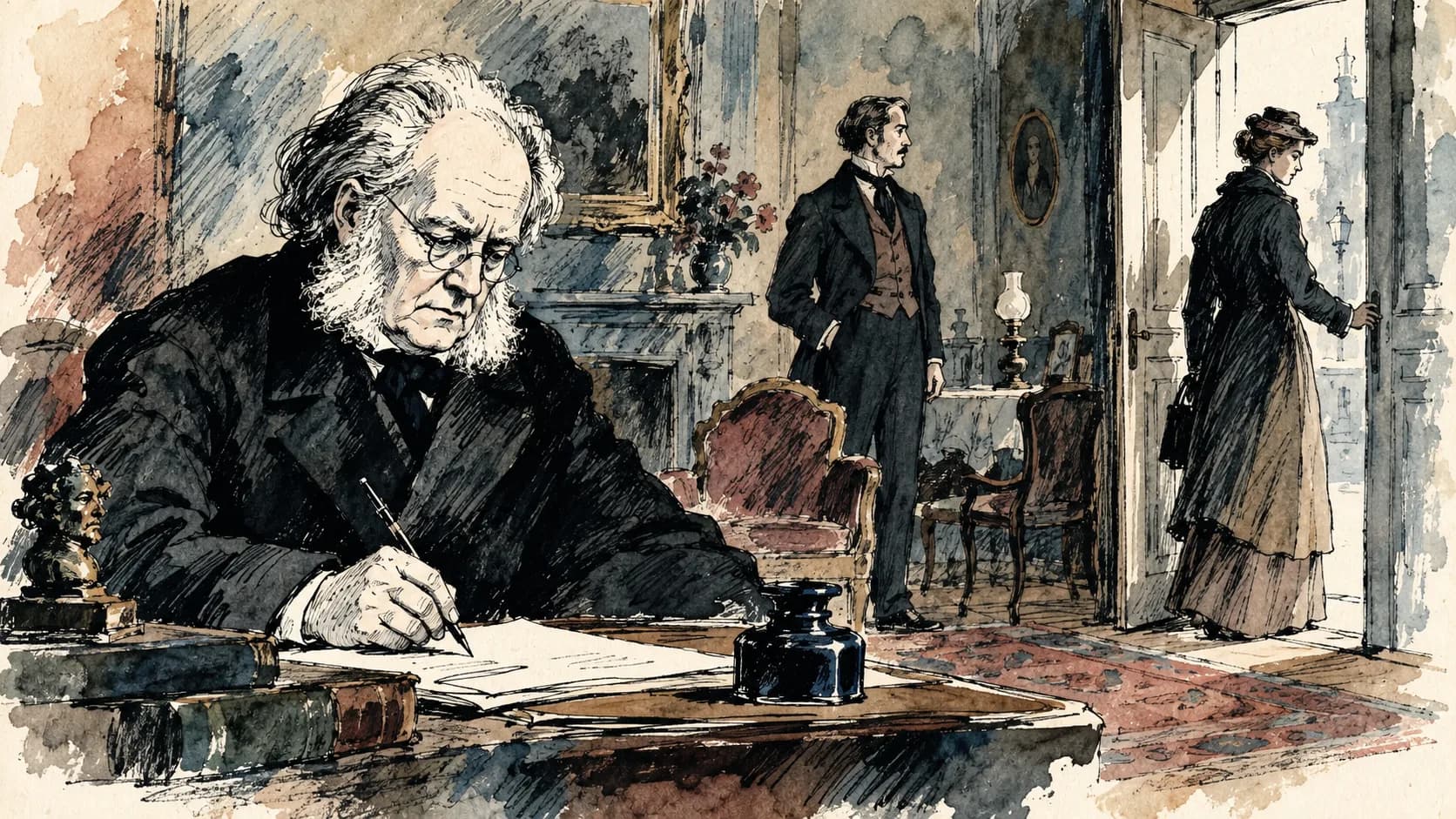 Ilustração editorial em aquarela do perfil de Henrik Ibsen
