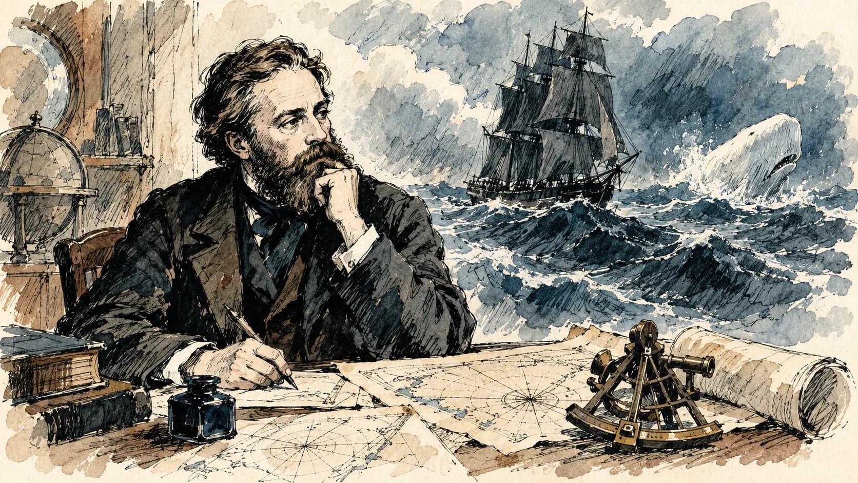 Ilustração editorial em aquarela do perfil de Herman Melville