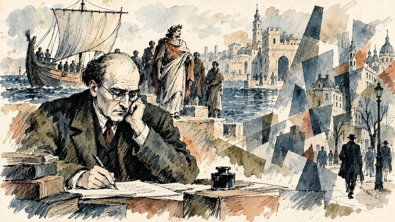 Ilustração editorial em aquarela do perfil de Hermann Broch