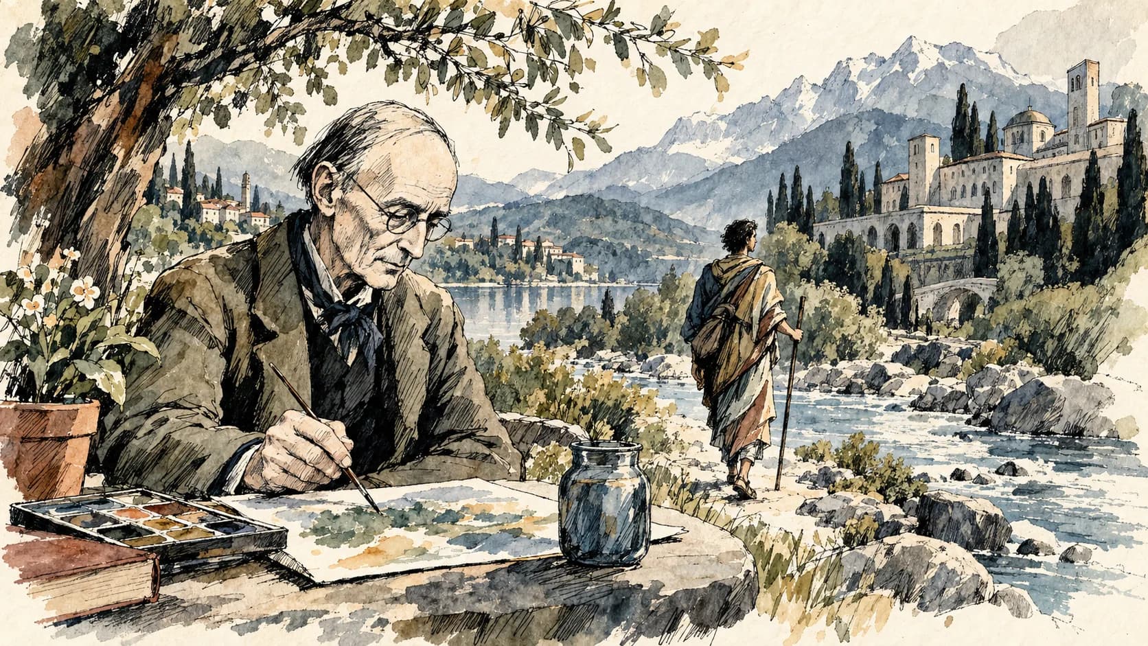 Ilustração editorial em aquarela do perfil de Hermann Hesse