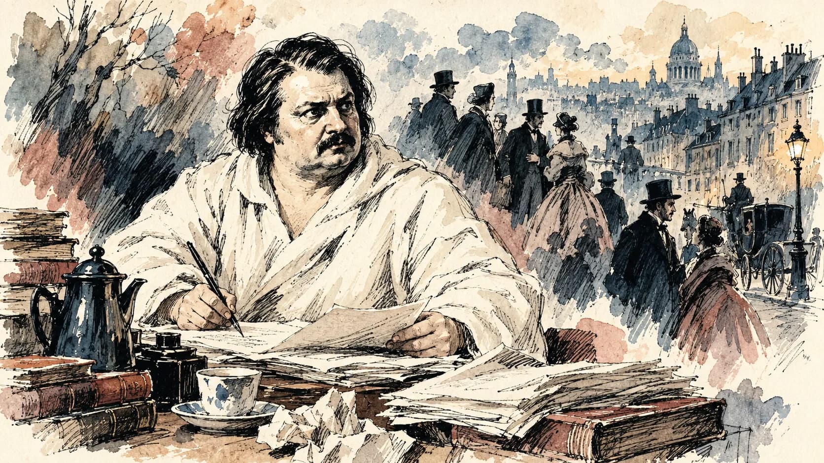 Ilustração editorial em aquarela do perfil de Honoré de Balzac