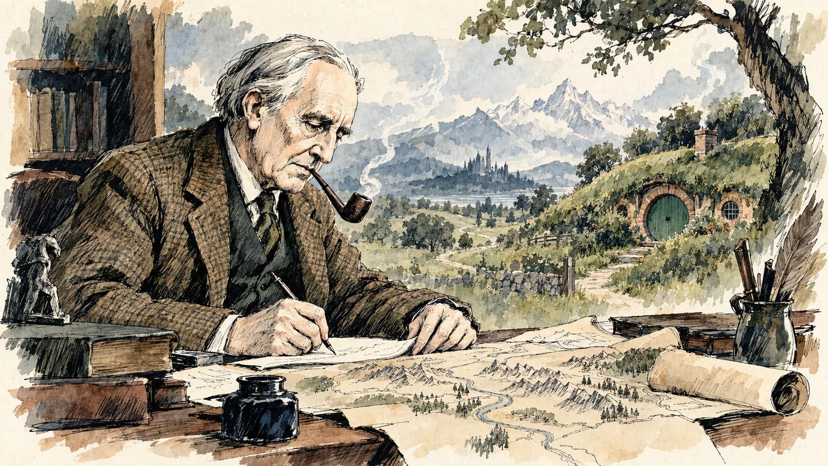 Ilustração editorial em aquarela do perfil de J. R. R. Tolkien