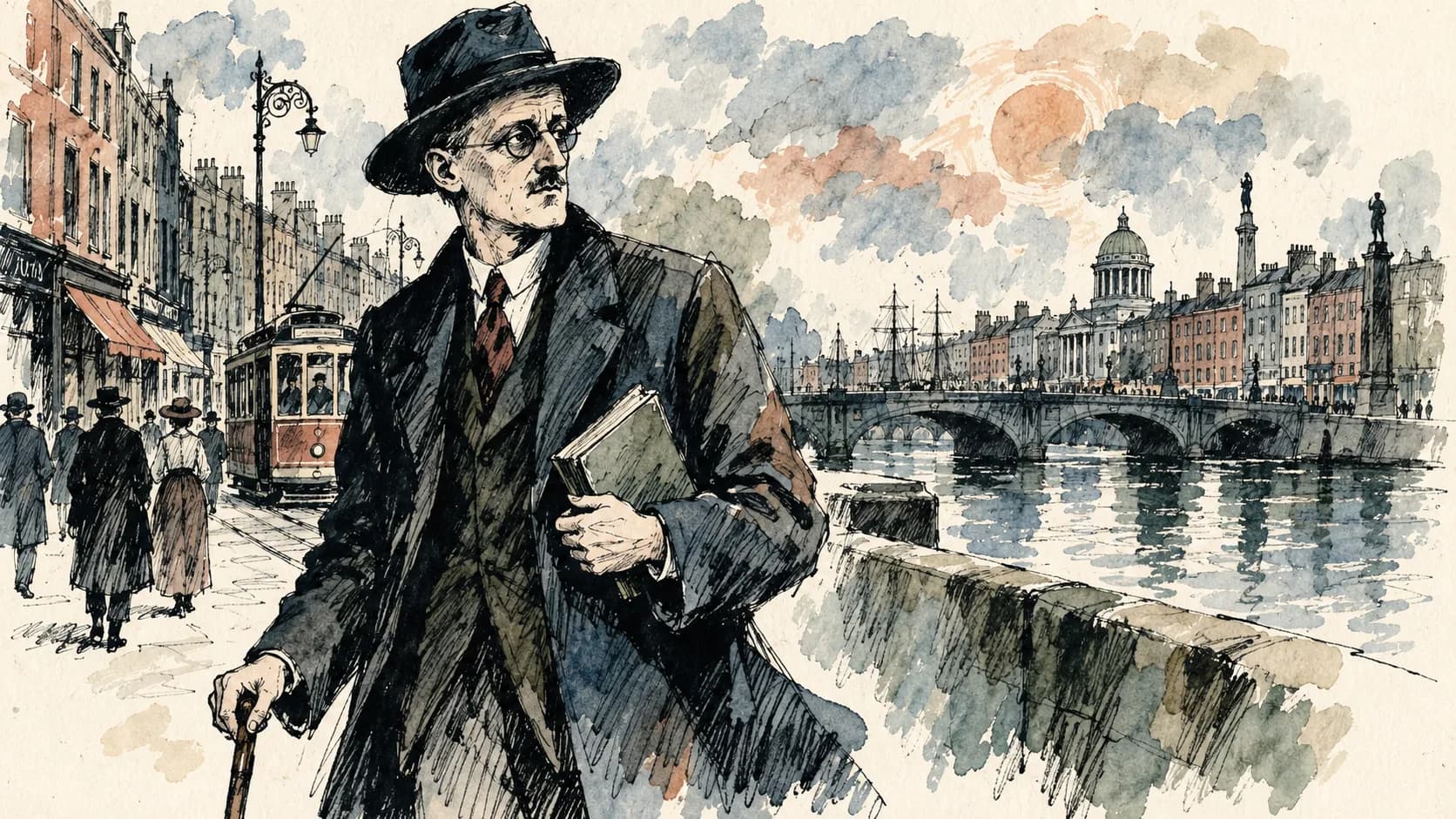 Ilustração editorial em aquarela do perfil de James Joyce