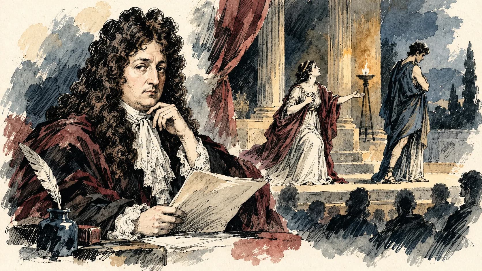Ilustração editorial em aquarela do perfil de Jean Racine