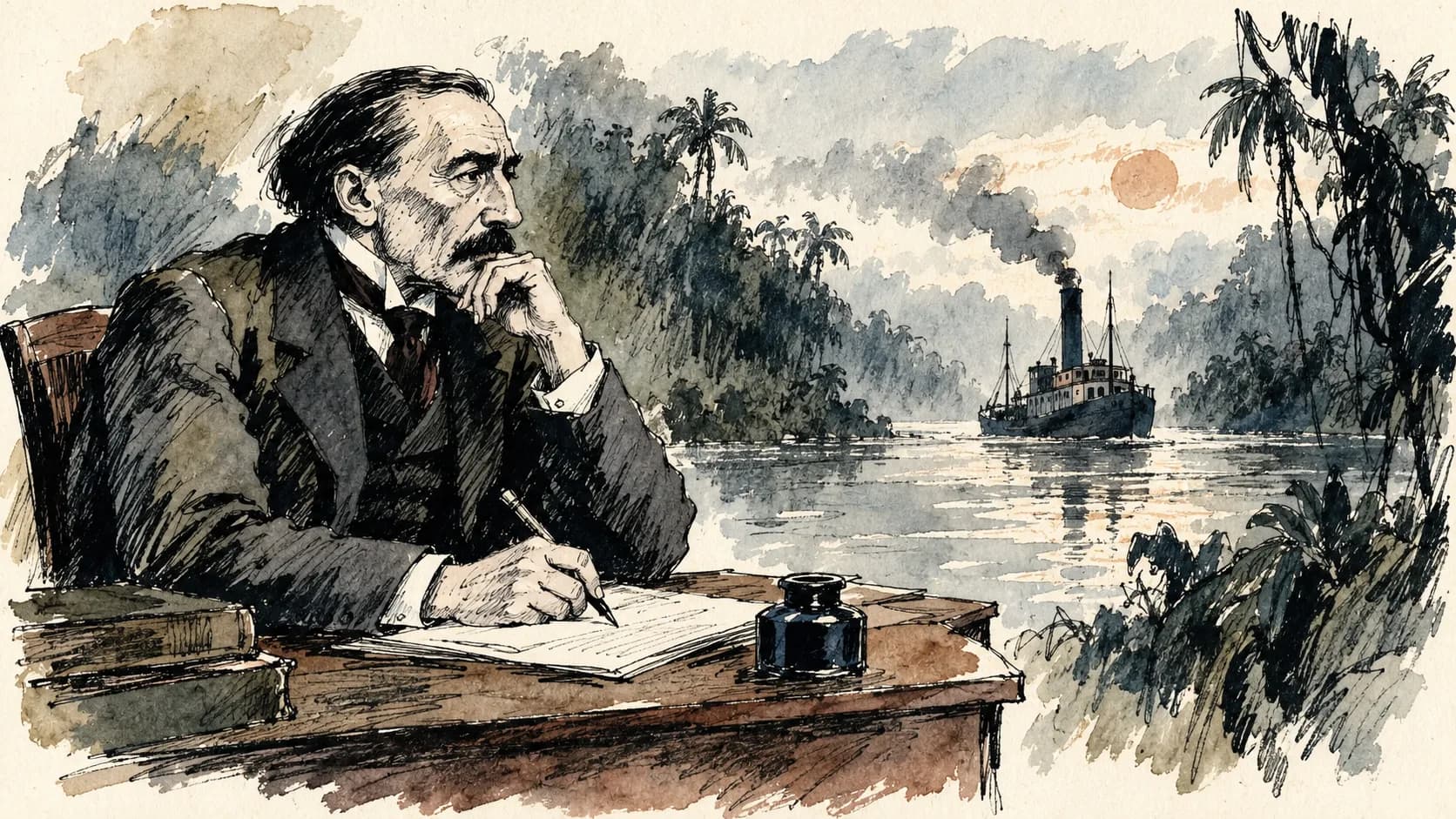 Ilustração editorial em aquarela do perfil de Joseph Conrad