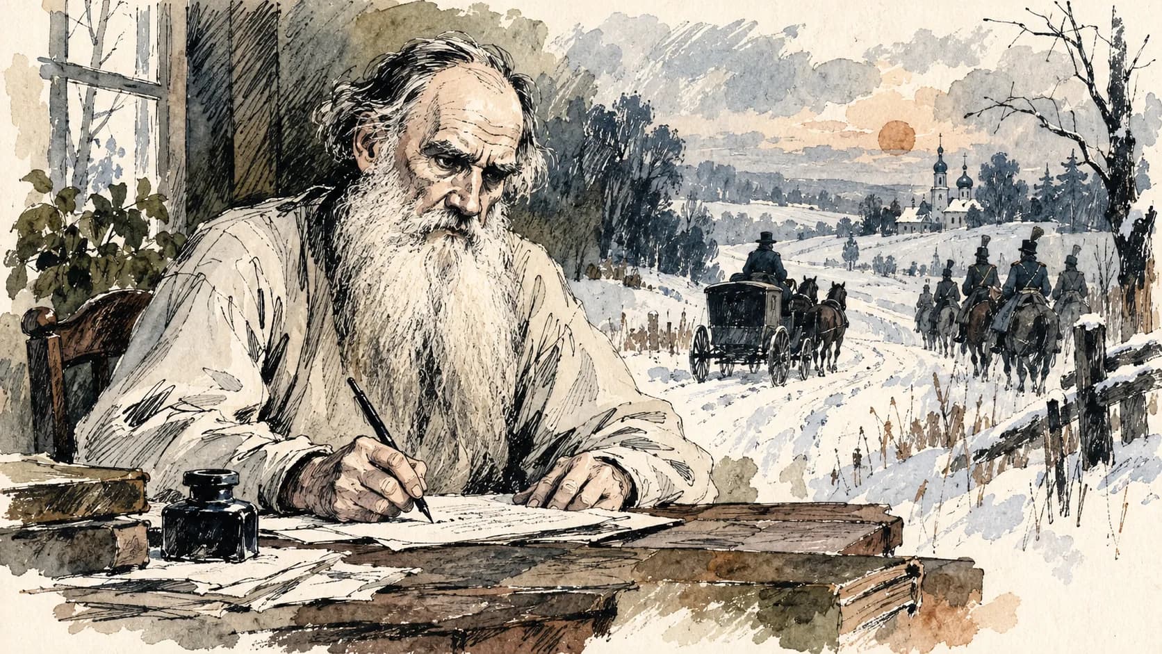 Ilustração editorial em aquarela do perfil de Liev Tolstói