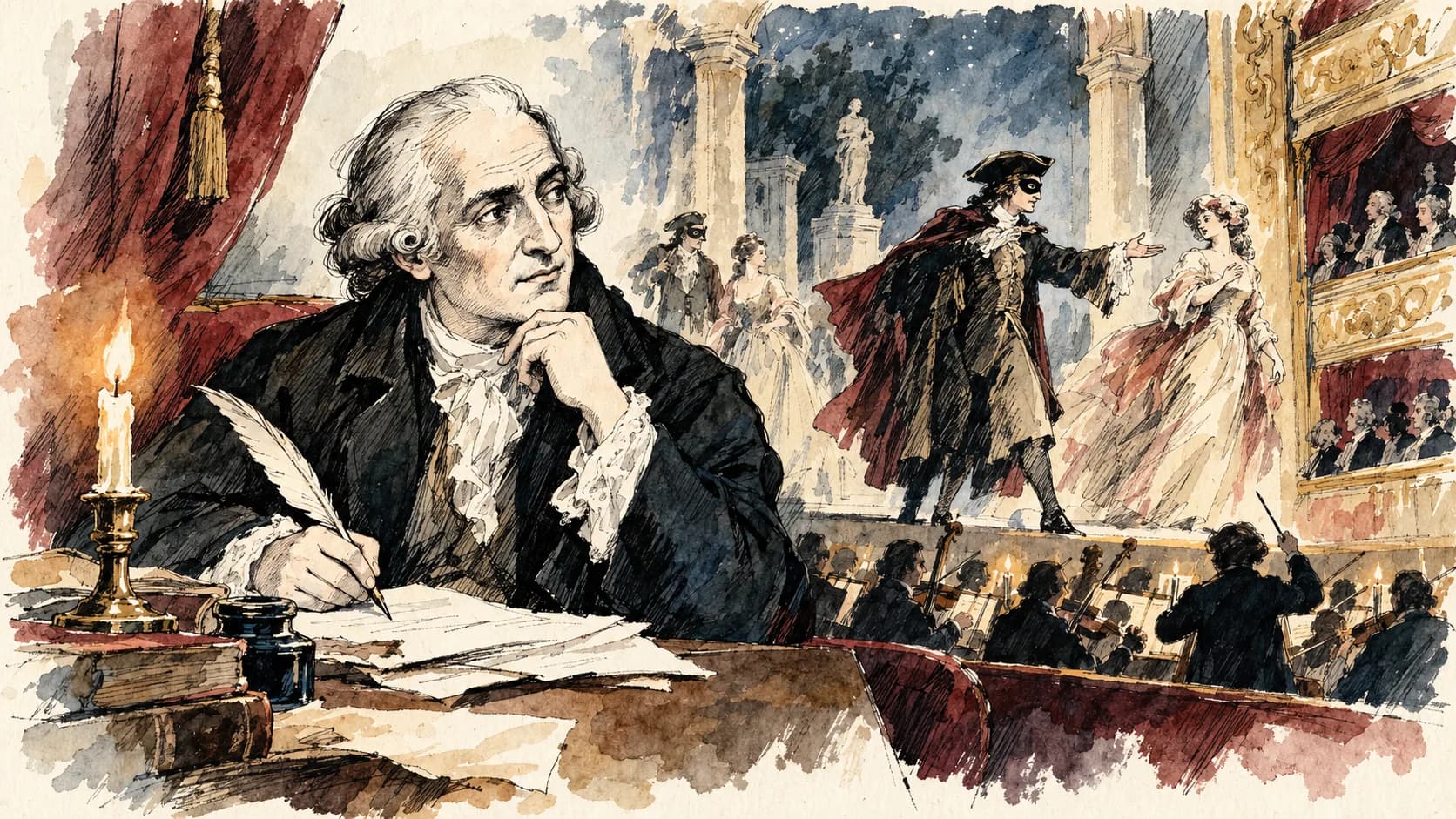 Ilustração editorial em aquarela do perfil de Lorenzo Da Ponte