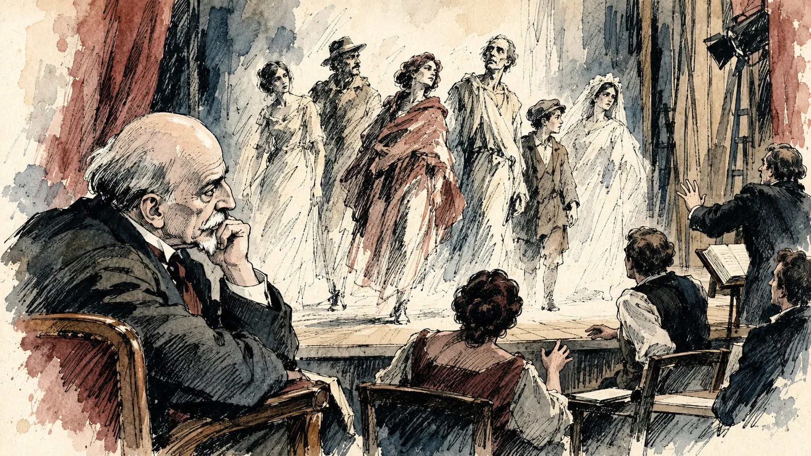 Ilustração editorial em aquarela do perfil de Luigi Pirandello