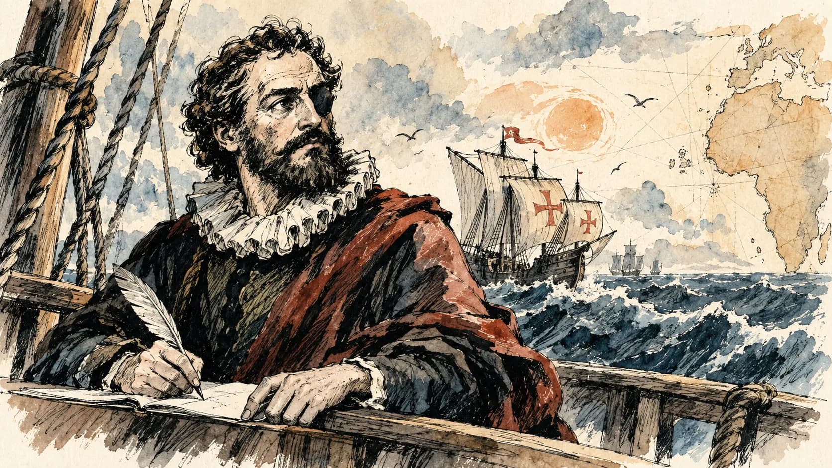 Ilustração editorial em aquarela do perfil de Luís de Camões