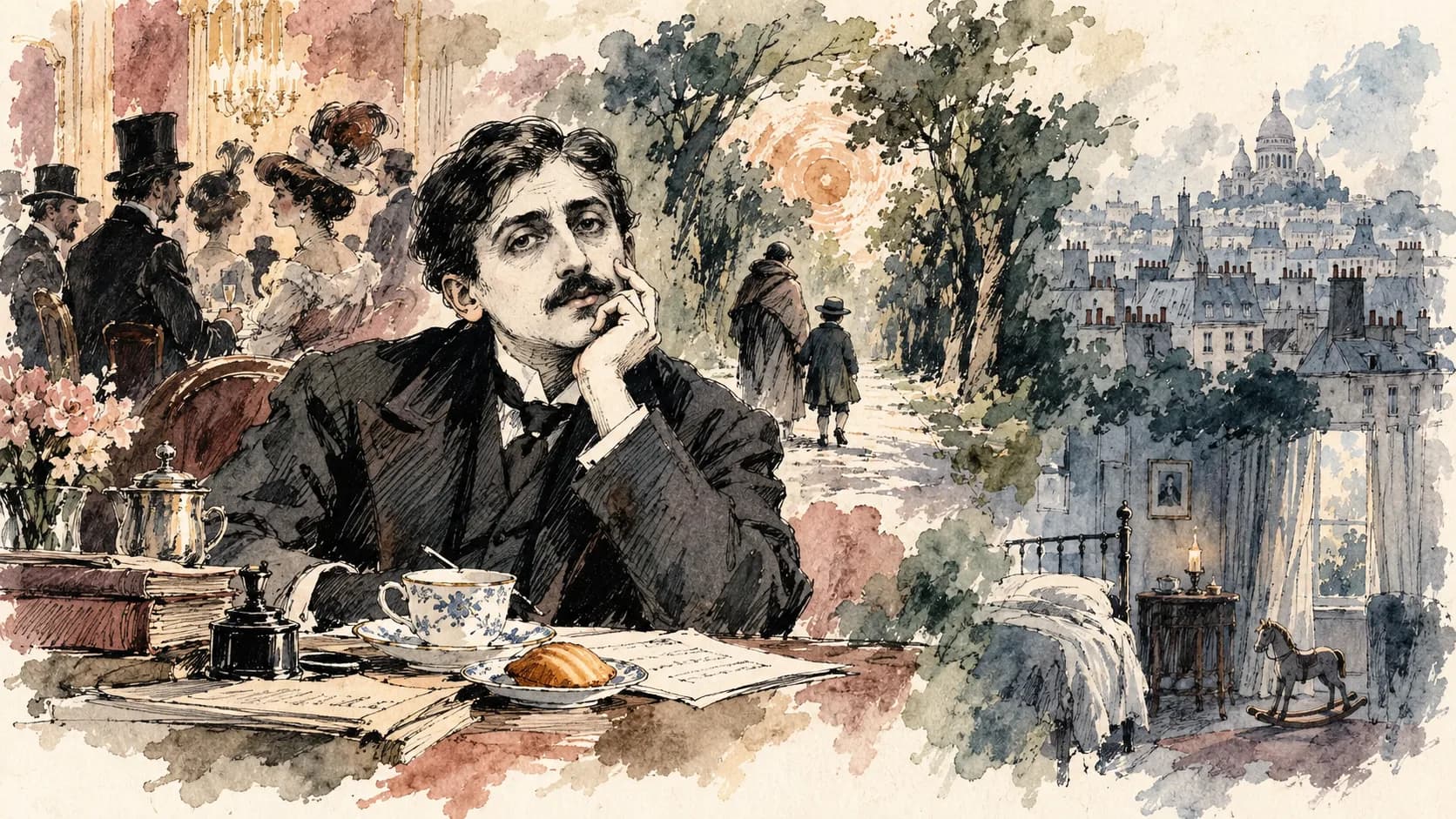 Ilustração editorial em aquarela do perfil de Marcel Proust