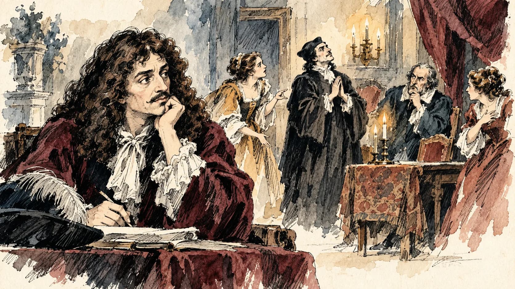 Ilustração editorial em aquarela do perfil de Molière