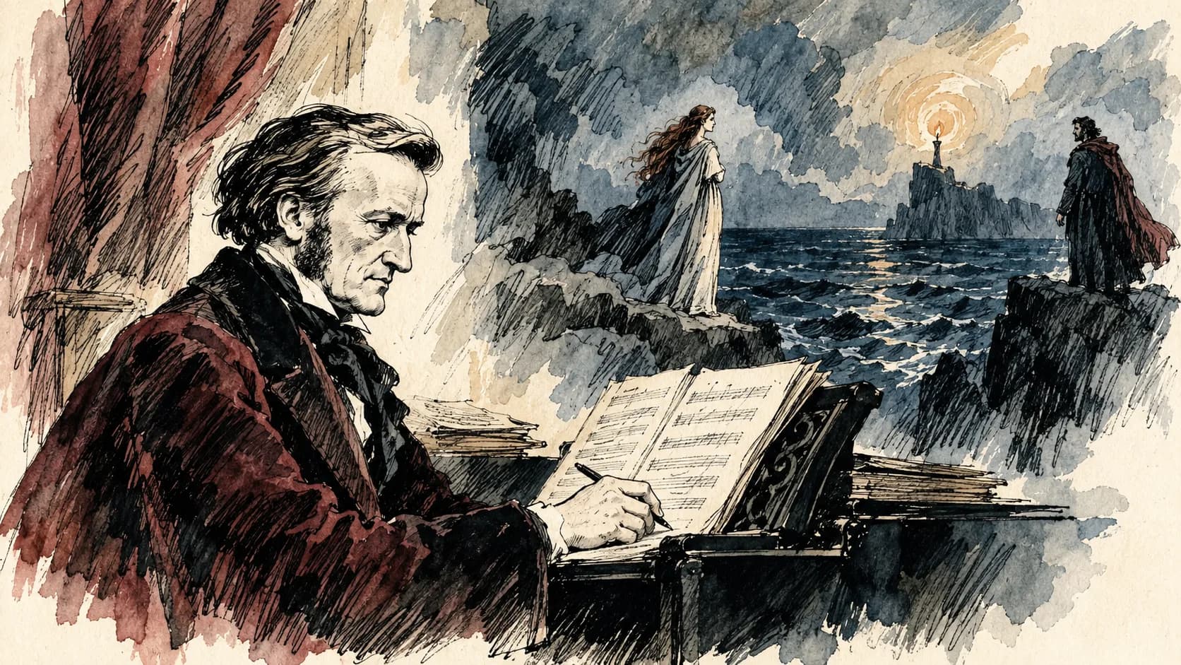 Ilustração editorial em aquarela do perfil de Richard Wagner
