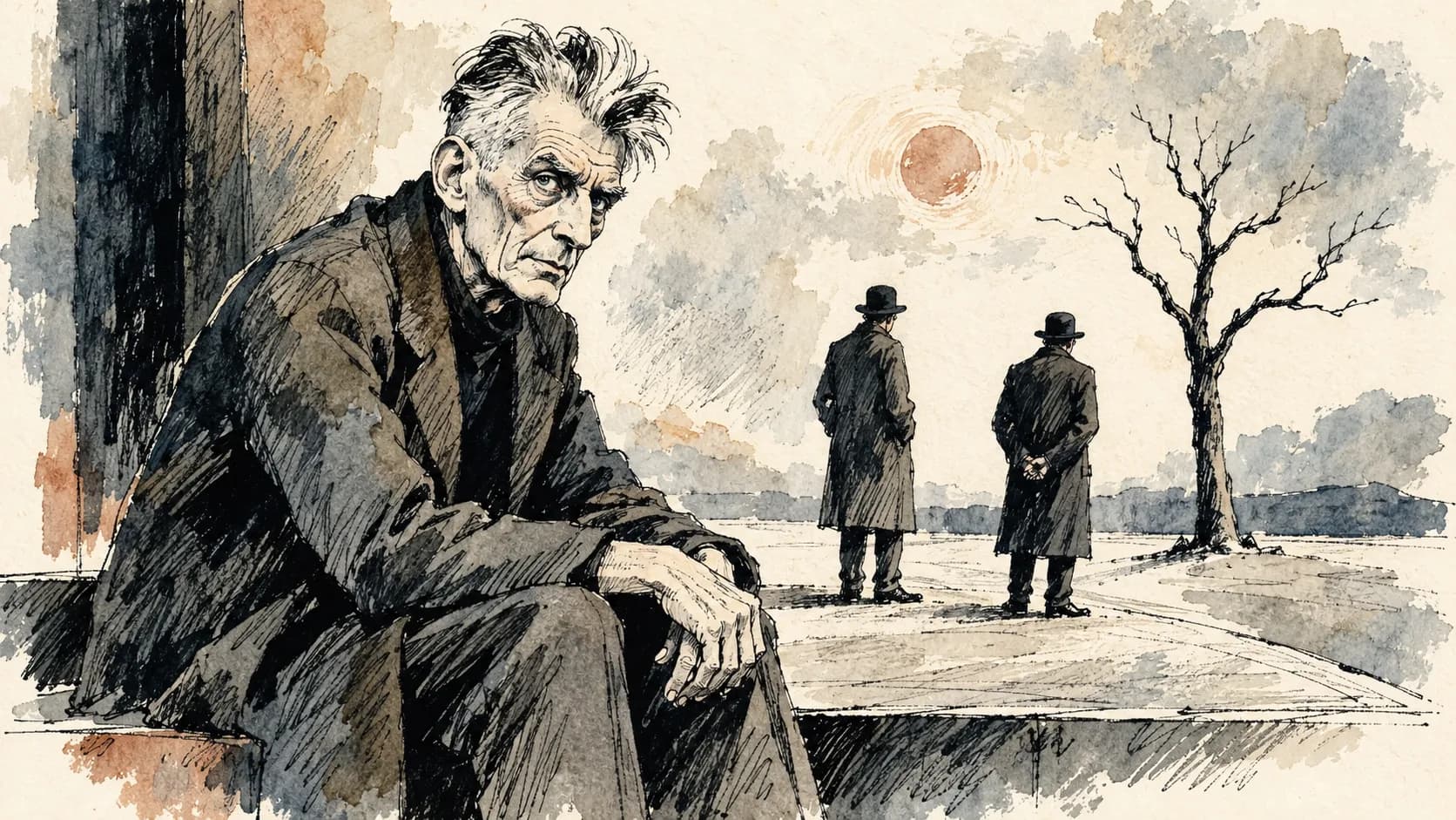 Ilustração editorial em aquarela do perfil de Samuel Beckett
