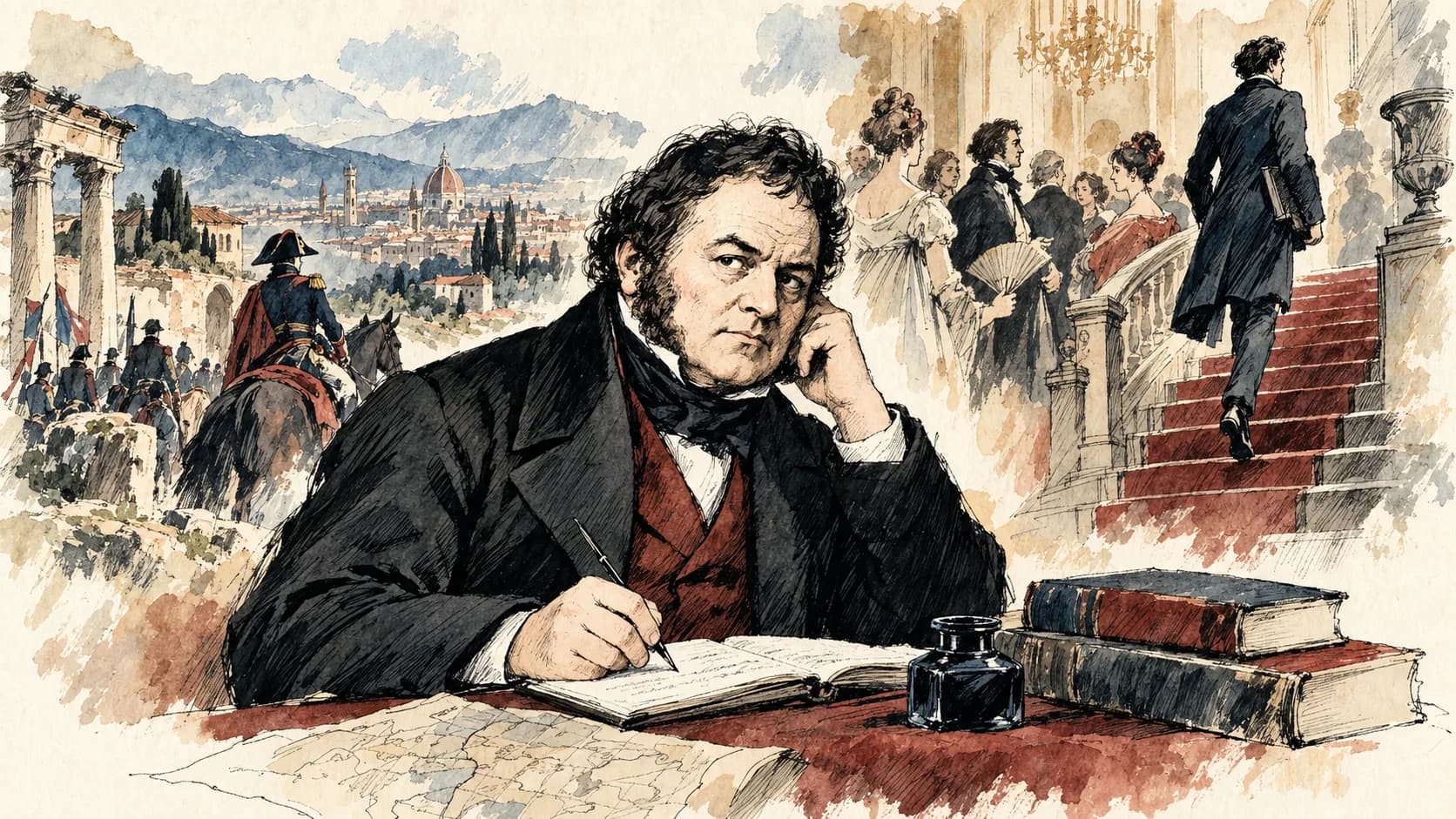 Ilustração editorial em aquarela do perfil de Stendhal