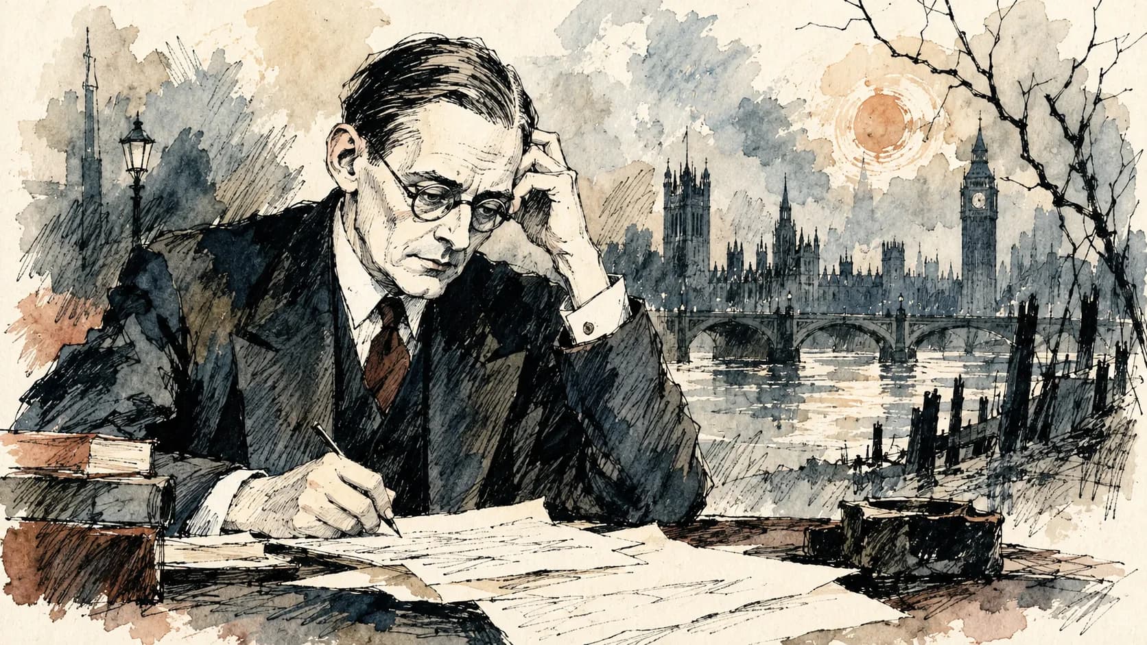 Ilustração editorial em aquarela do perfil de T. S. Eliot