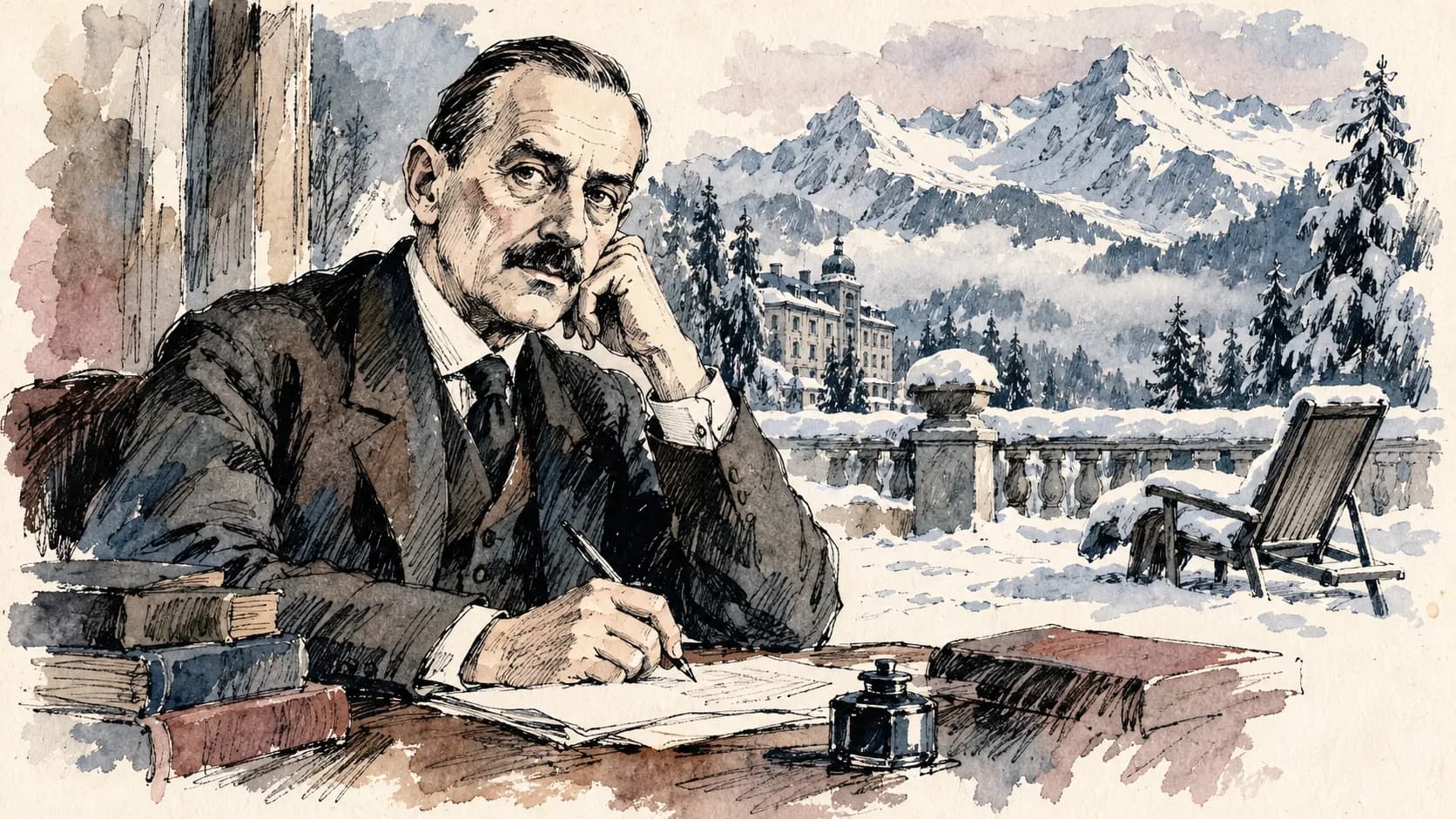 Ilustração editorial em aquarela do perfil de Thomas Mann