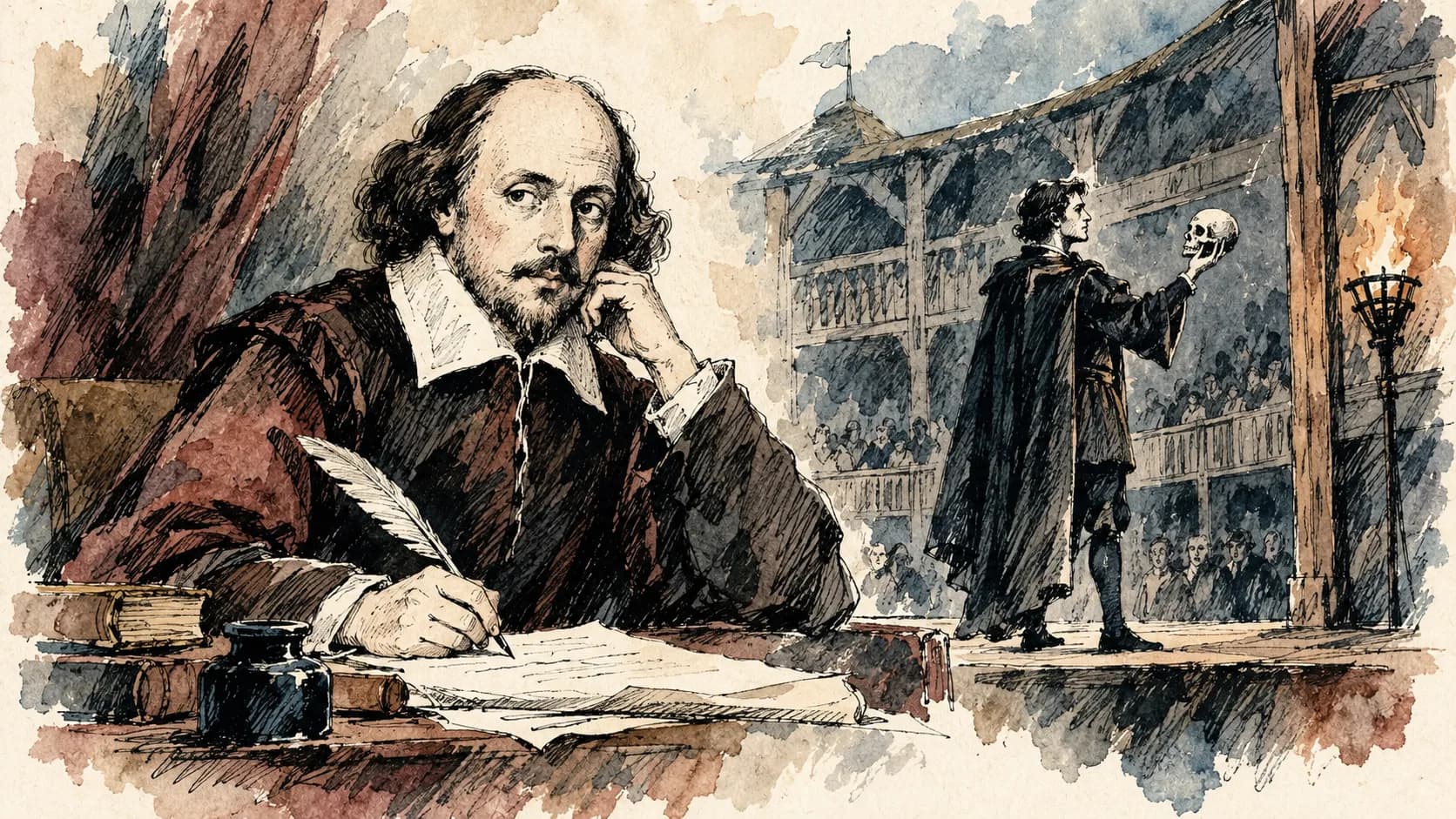 Ilustração editorial em aquarela do perfil de William Shakespeare