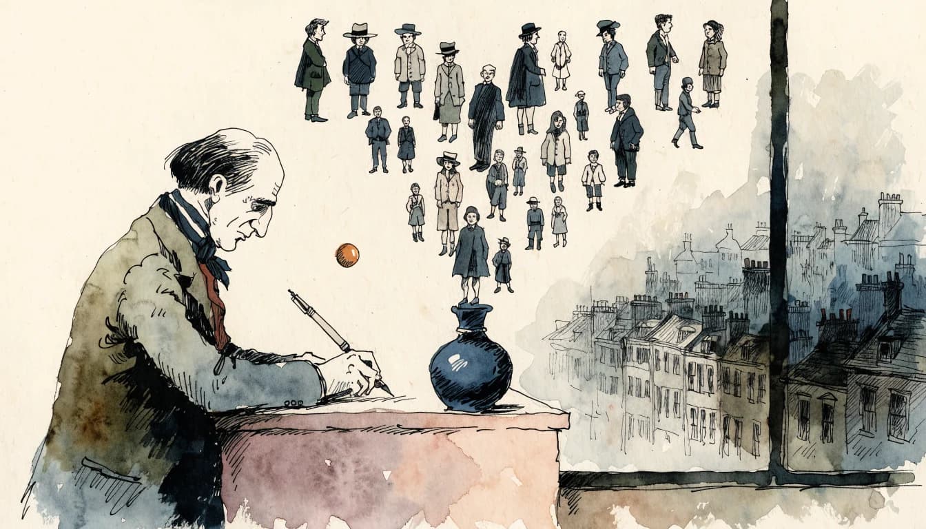 Ilustração de um romancista vitoriano de cuja tinta nascem pessoas da rua