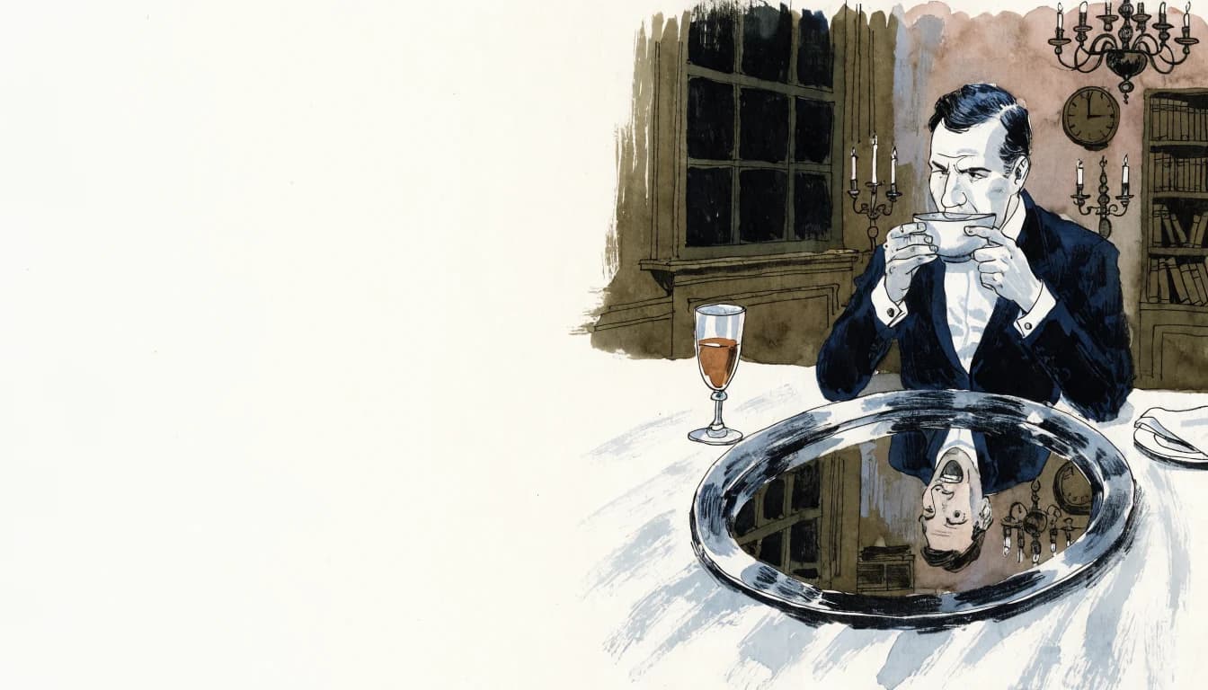 Ilustração de um jantar elegante cujo reflexo no prato revela um apetite que devora o ambiente