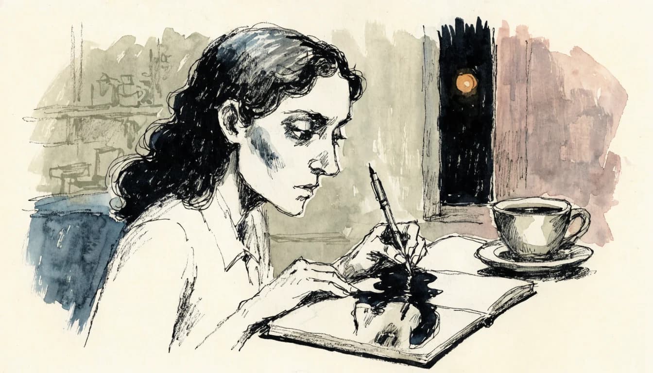 Ilustração de uma escritora escrevendo enquanto o próprio rosto emerge da tinta do caderno