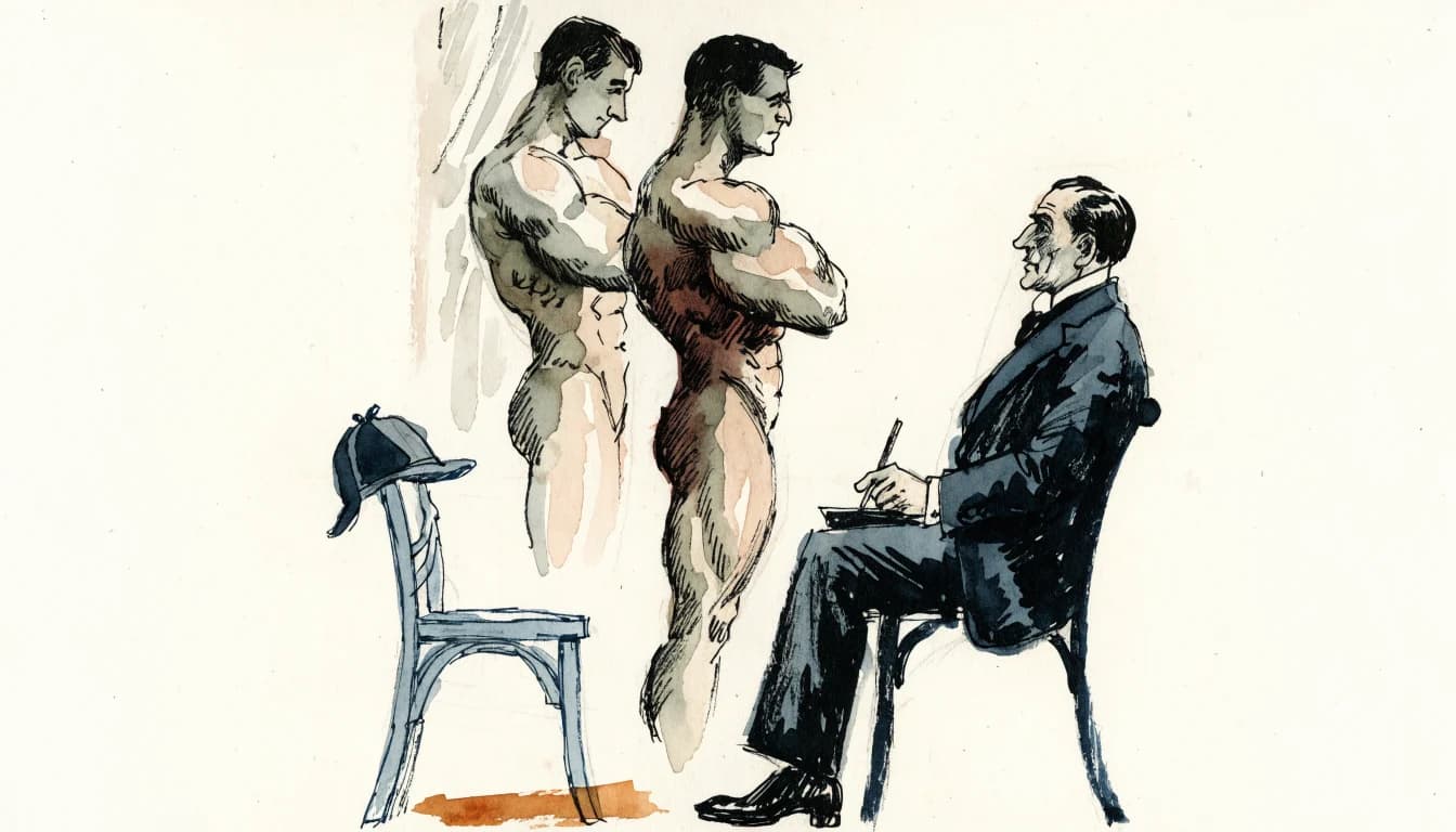 Ilustração editorial sobre O Dia em que Arthur Conan Doyle Virou Jurado de Fisiculturismo