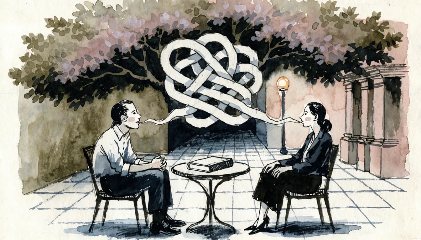 Ilustração de duas pessoas conversando enquanto suas falas se entrelaçam num nó acima de um livro fechado