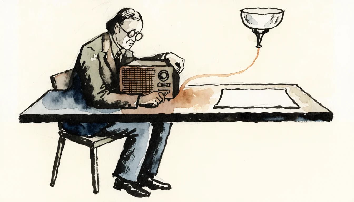 Ilustração de um escritor desligando o rádio enquanto uma lâmpada clareia a página em branco