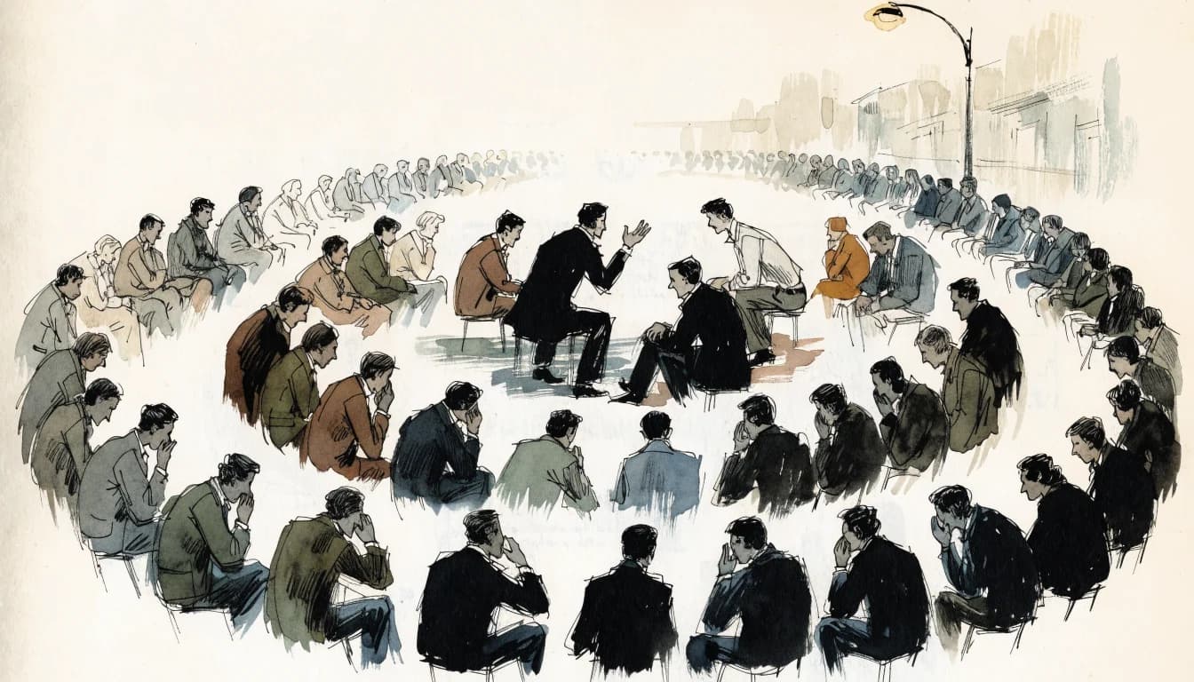 Ilustração de um círculo de pessoas em que só o centro conversa e os demais se calam