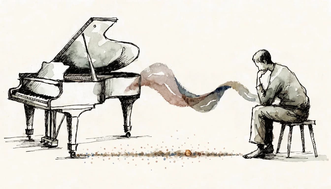 Ilustração de fita translúcida flutuando entre piano silencioso e ouvinte, ecoando um pulso traçado no chão