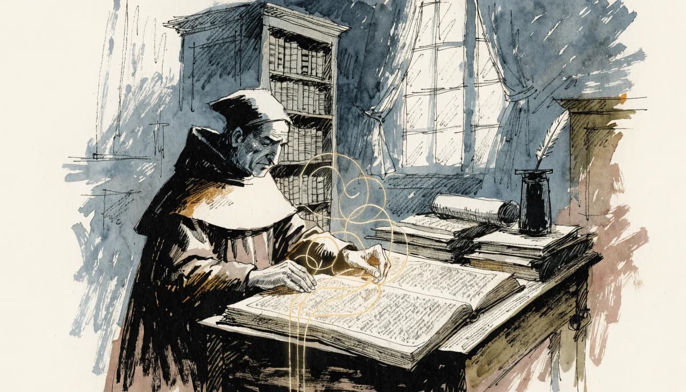 Ilustração de um escolástico organizando cadeias douradas de pensamento sobre um livro