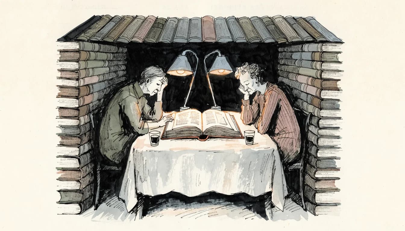 Ilustração de um casal lendo o mesmo livro sob um teto feito de livros empilhados