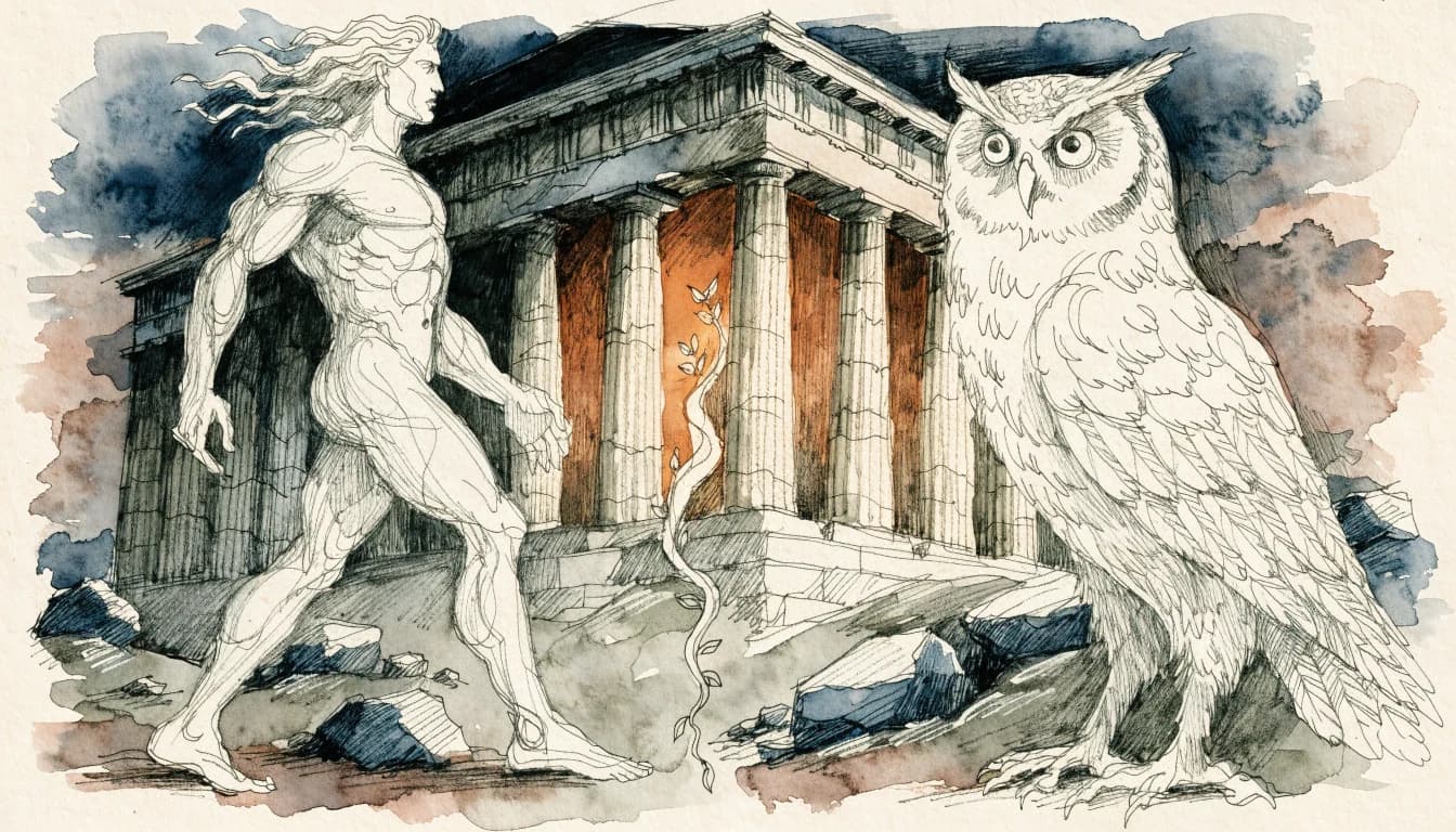 Ilustração de um templo do qual saem figuras míticas em aquarela