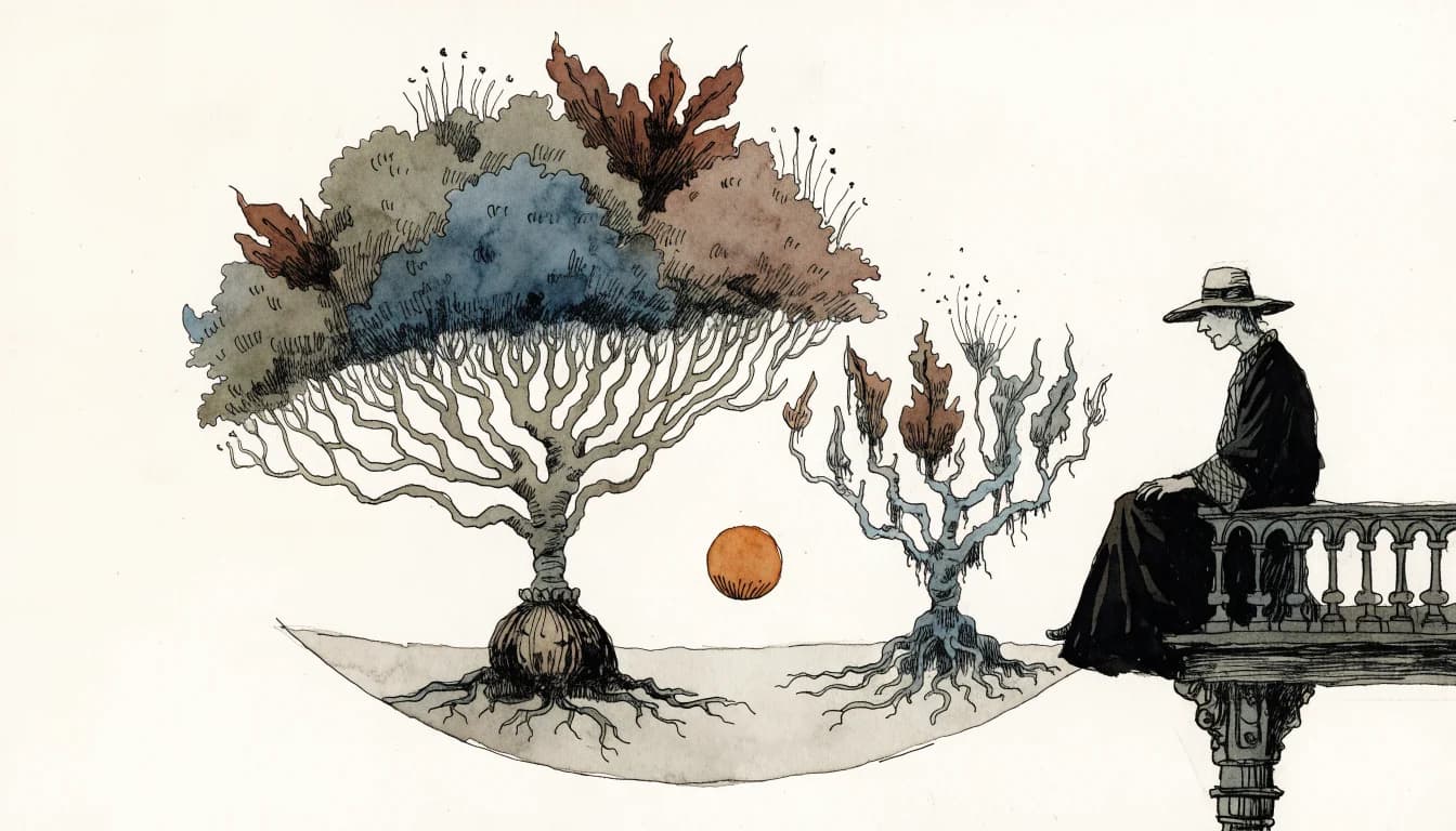 Ilustração de um pensador observando árvores em diferentes estágios de crescimento.