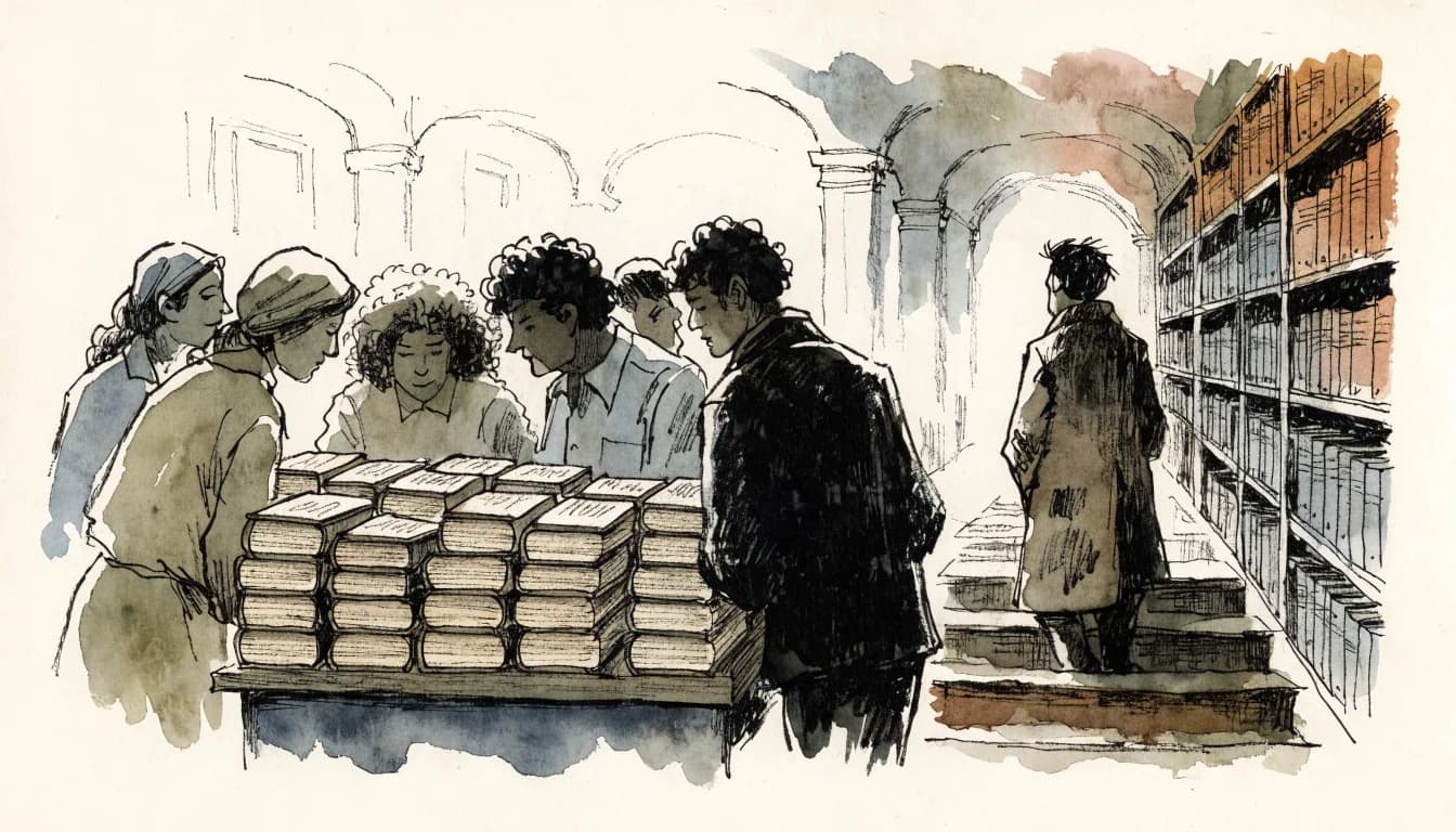 Ilustração de uma livraria em que a multidão se aglomera na mesa do livro mais vendido enquanto um leitor sozinho sobe os degraus para as estantes do fundo