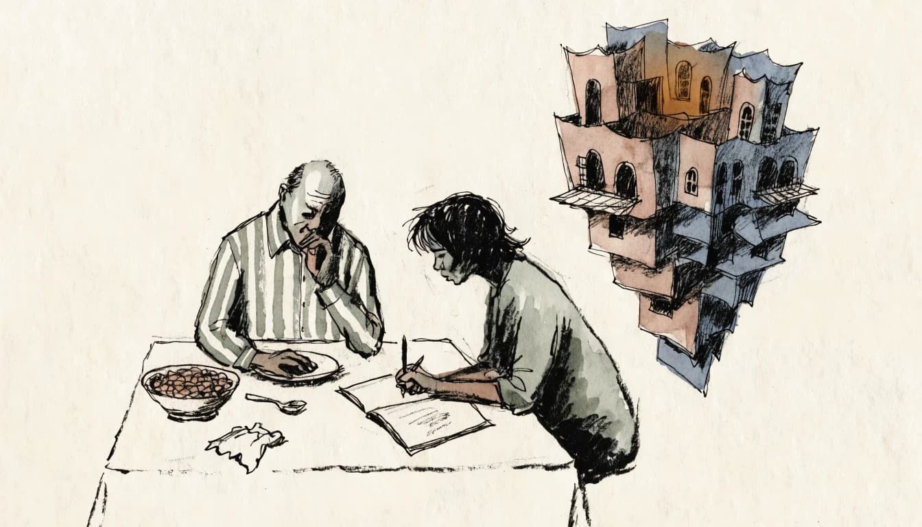 Ilustração de uma mesa com um prato de feijão e um castelo de papel de sonhos