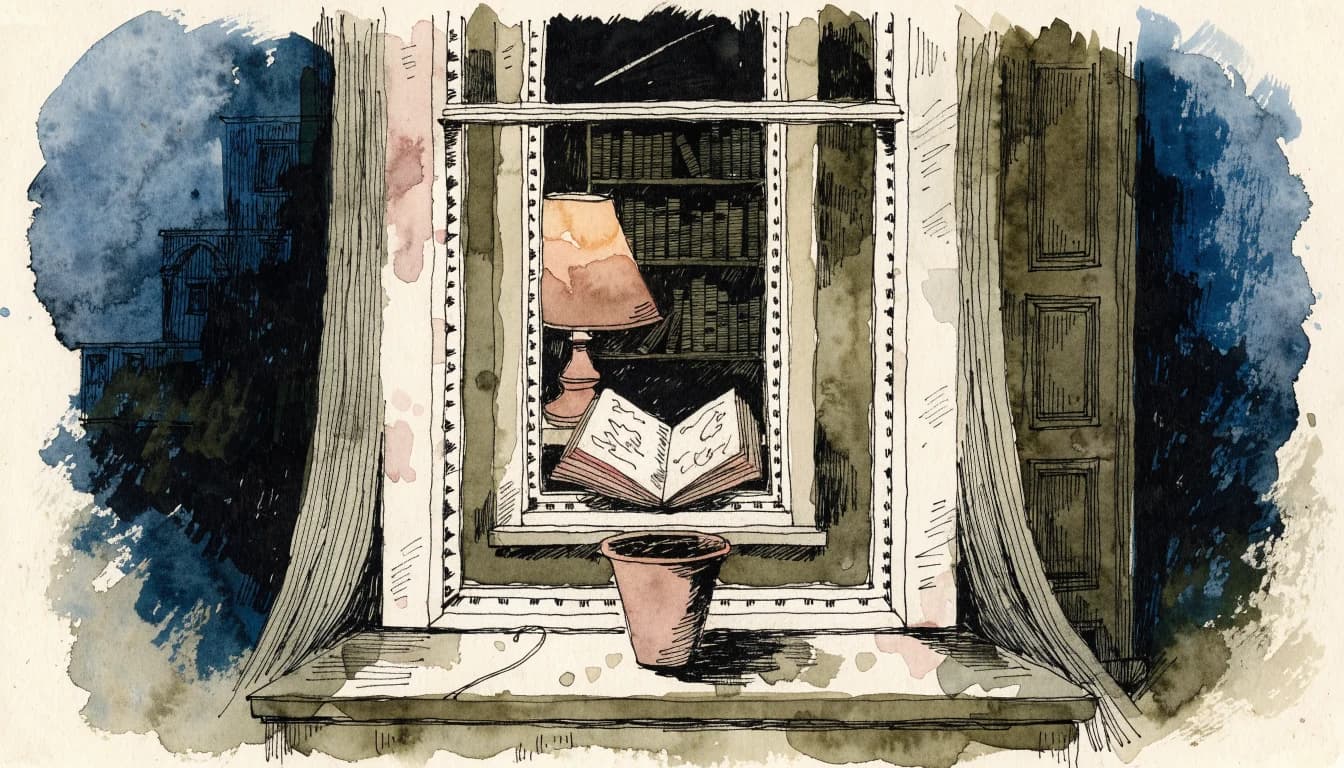 Ilustração de uma janela que se abre sobre um gabinete e um diário filosófico
