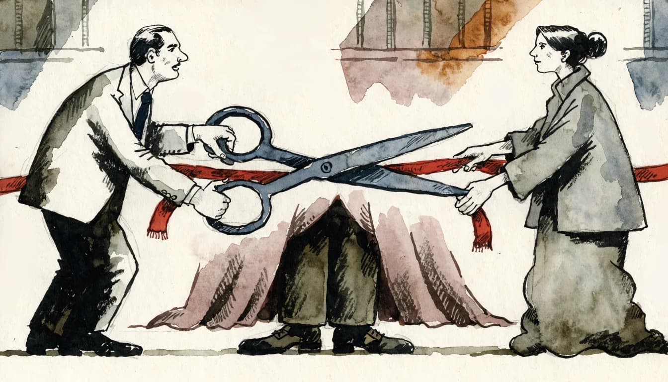 Ilustração de dois atores rivais cortando a mesma fita com uma tesoura só