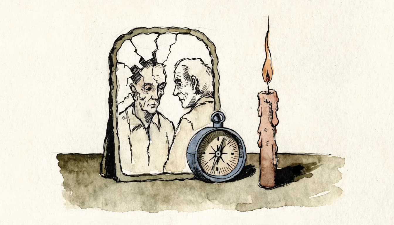 Ilustração de um espelho rachado, uma bússola e uma vela sobre a mesa de um filósofo