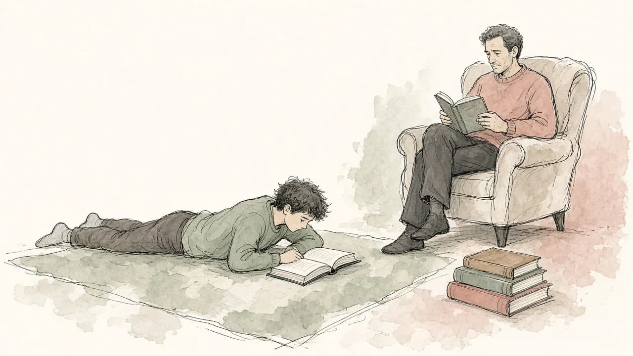 Um adolescente lê deitado no tapete enquanto um adulto lê em uma poltrona ao lado; três livros estão empilhados no chão.